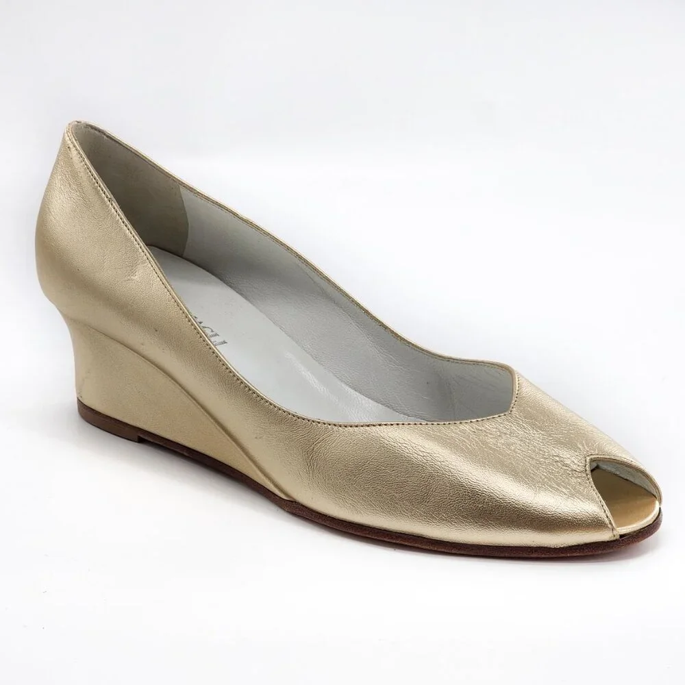 BRUNO MAGLI Carrera Peep Toe Gold Metallic Leather Wedge Pump‎ Heels